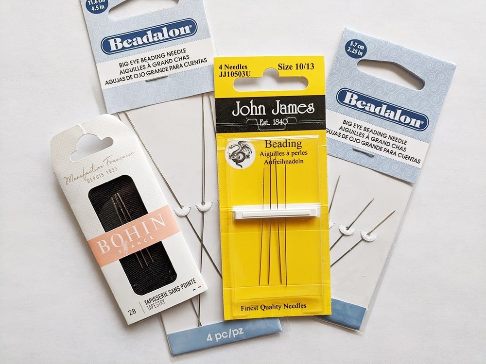 Beading needles for attaching beads to cross stitch