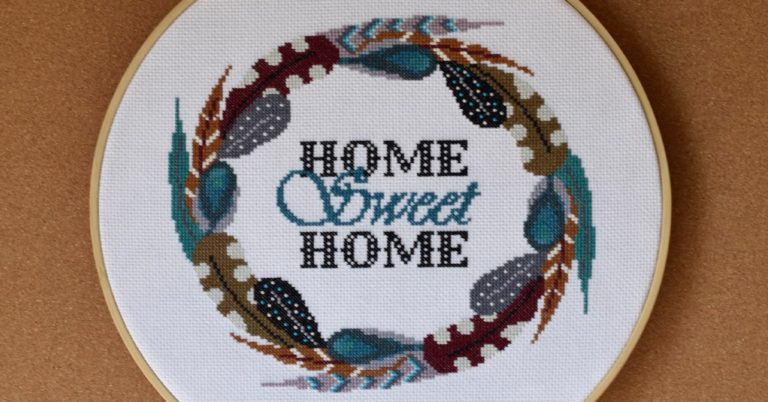 Cross stitch feather home sweet home wreath